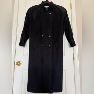 Vtg Michelle Stuart 100% Black Wool Coat Leather Shoulder Sz4 Made Usa